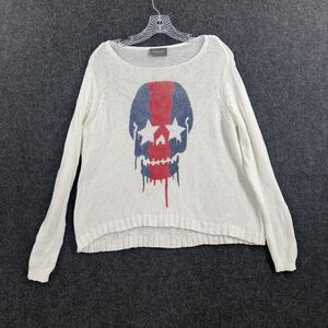 Wooden Ships Sweater Women's XS White Skull Patriotic Open Knit Pullover